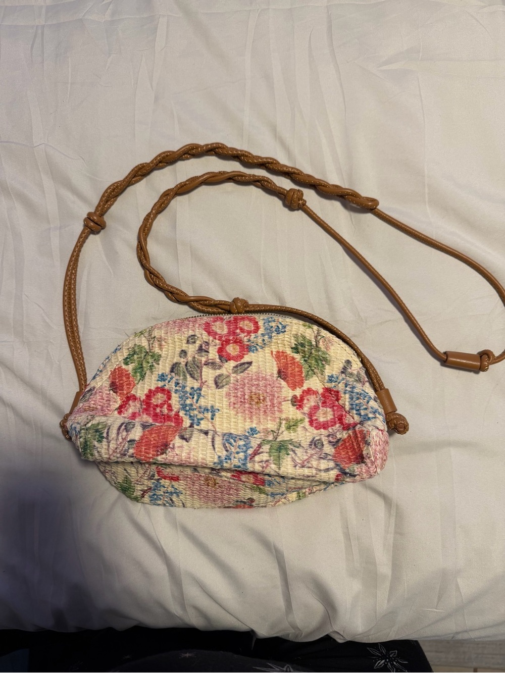 Vince Camuto Cream Floral Woven Crossbody with Tan Braided Strap